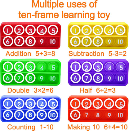 Ten Frame Pop Math Manipulatives - Set of 10 Silicone Fidget Toys for Kindergarten Classrooms - Engaging Educational Counting & Addition Toys for Kids 3 4 5 Years Old