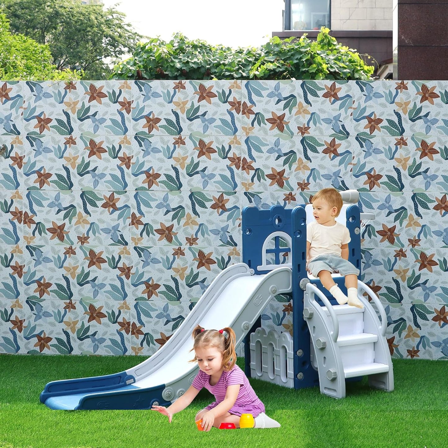 LulliSpace 6 in 1 Toddler Slide,Kids Climber Slider for Indoor Outdoor Playground with Basketball Hoop,Storage and Telescope,L Shaped Slide for Toddler Climber Playset