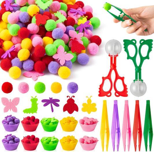 EZdhuawuse Letters Numbers Sensory Bin Fillers - 240Pcs Summer Alphanumeric Fine Motor Skills Toys Color Counting Sorting Set for Kids, Felt Letter Pom Poms Cup Clip for Preschool Education Activities