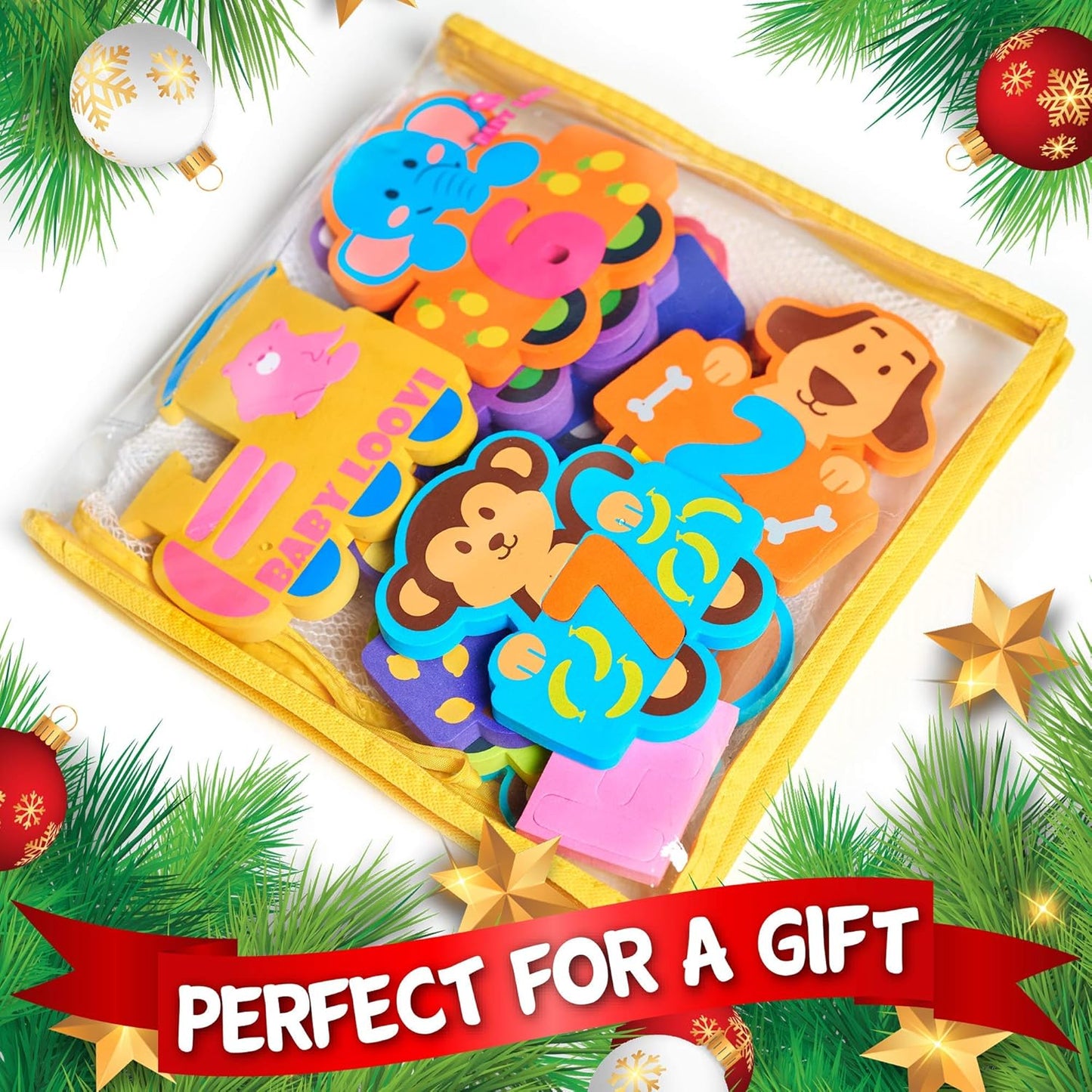 Bath Foam Alphabet Letters Toys - Non-Toxic Bathtub ABC Letters for Kids Toddlers - Premium Educational Floating Animals Puzzles with Toy Organizer for Baby Boys Girls - Set of 52 Pcs