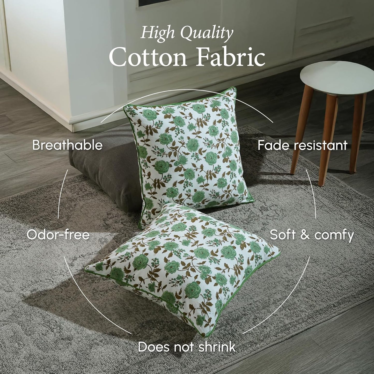 CPC 100% Cotton Throw Pillow Covers 18x18 Inch, Set of 2 Green Block Print Pattern Couch Pillow, Cute Boho Decorative Pillows for Living Room, Bedroom with Hidden Zipper- Agate Green