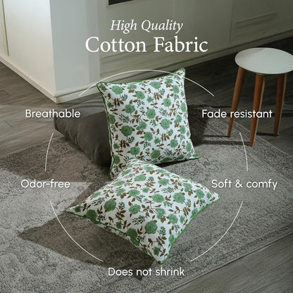 CPC 100% Cotton Throw Pillow Covers 18x18 Inch, Set of 2 Green Block Print Pattern Couch Pillow, Cute Boho Decorative Pillows for Living Room, Bedroom with Hidden Zipper- Agate Green