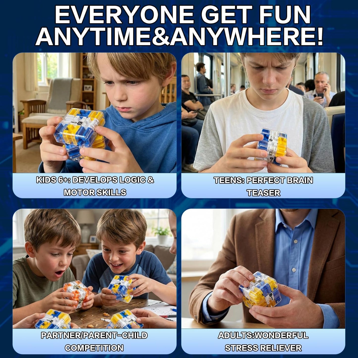 2-Pack 3D Maze Cube Puzzle, Battle Set for 2 Players, 2-in-1 Twist & Roll Brain Teaser Toys, Family Game Night & STEM Learning Gifts for Kids Teens (Blue & Yellow)