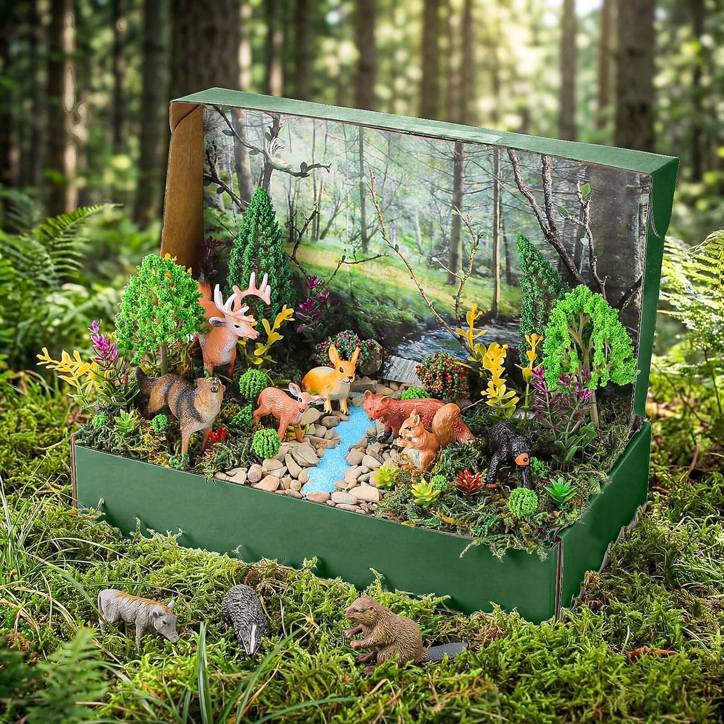 Teyva Daily 48 Pcs Dinosaur Diorama Kit Habitat Project Box Set 3D Dinosaurs Diorama Supplies Include Dinosaurs Model Figures & Eggs Volcano Artificial Trees with Cardboard for DIY Crafts Gifts