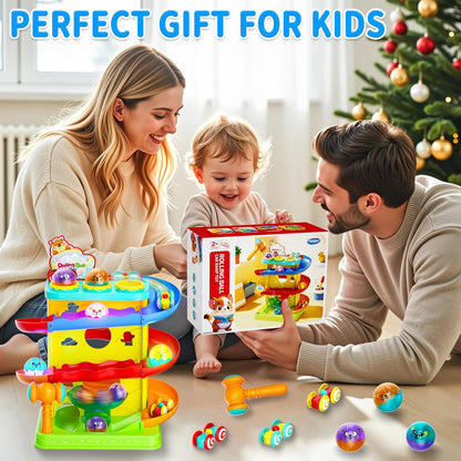 Funwee 2-in-1 Light Up Rolling Ball & Racing Car Ramp Toddler Toy, Race Track Hammer Ball Drop Toys, Interactive Montessori Learning Game for Kids 1-5+ Year Old Girl Boy Gift(Pink)