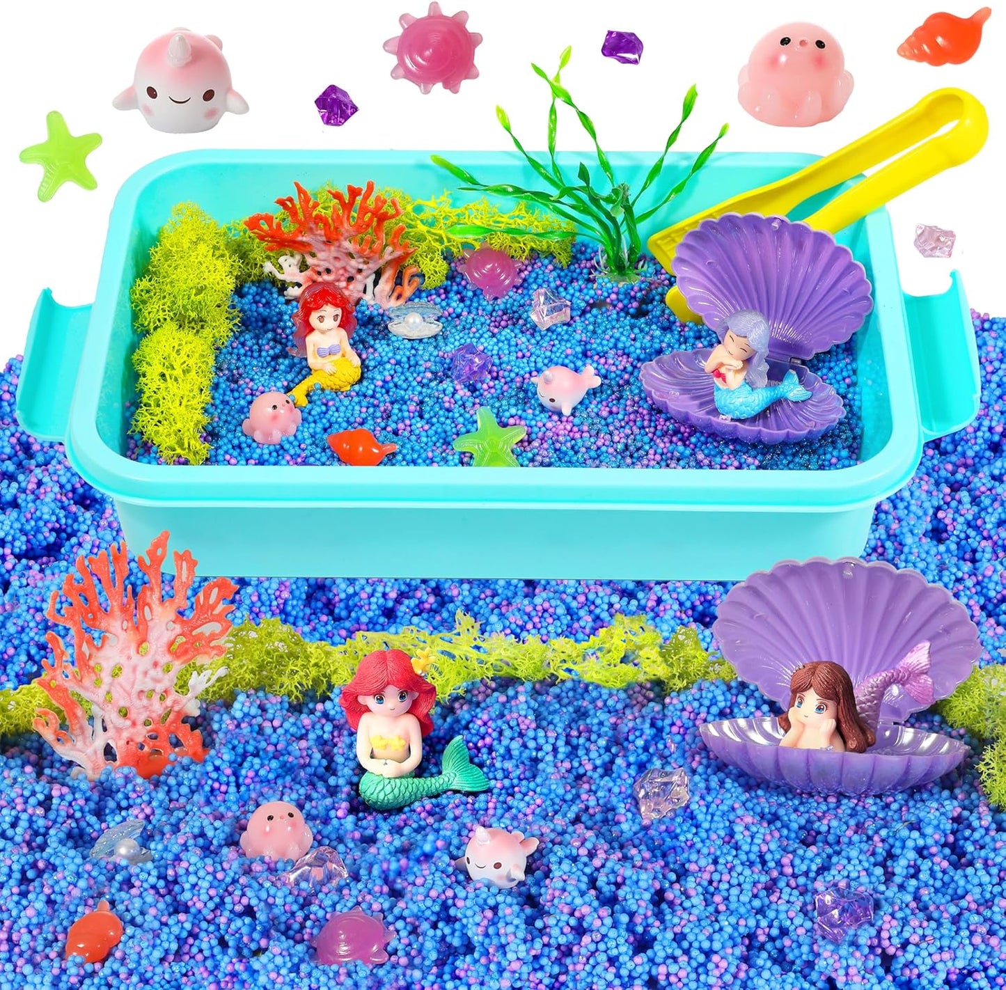 Carolart Mermaid Sensory Bin,Ocean Sensory Play Kit for Girls with Sensory Foam Beads and Storage bin, Ocean Sensory kit,Toddler Toys Ages 3 4 5 6 7 8
