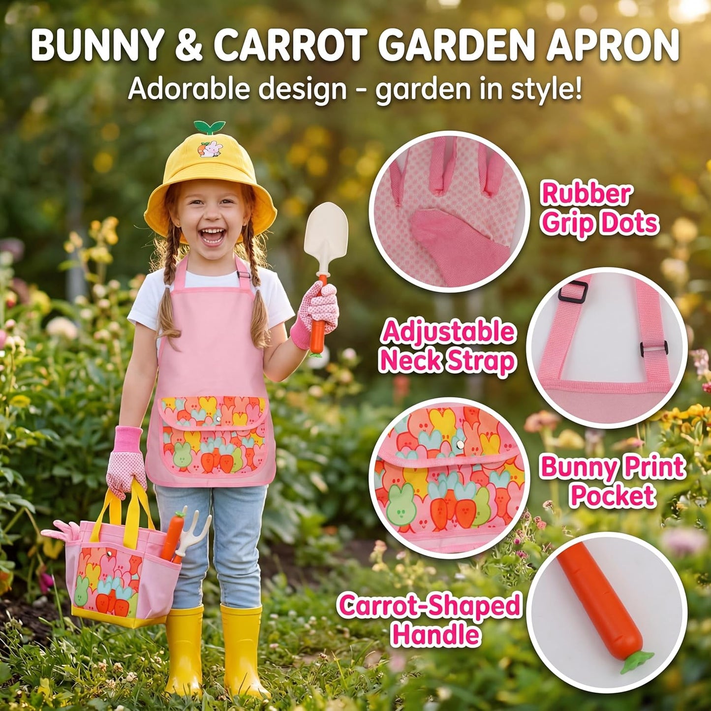 JOI MEW Kids Gardening Tools Set, Garden Toys w/Wooden Handle Alloy Rake,Fork,Trowel, Watering Can,Gloves,Tote Bag,Plant pots, DIY Bookmark Kits, Spring Summer Toy Outdoor Gift for Toddler Boy Girl