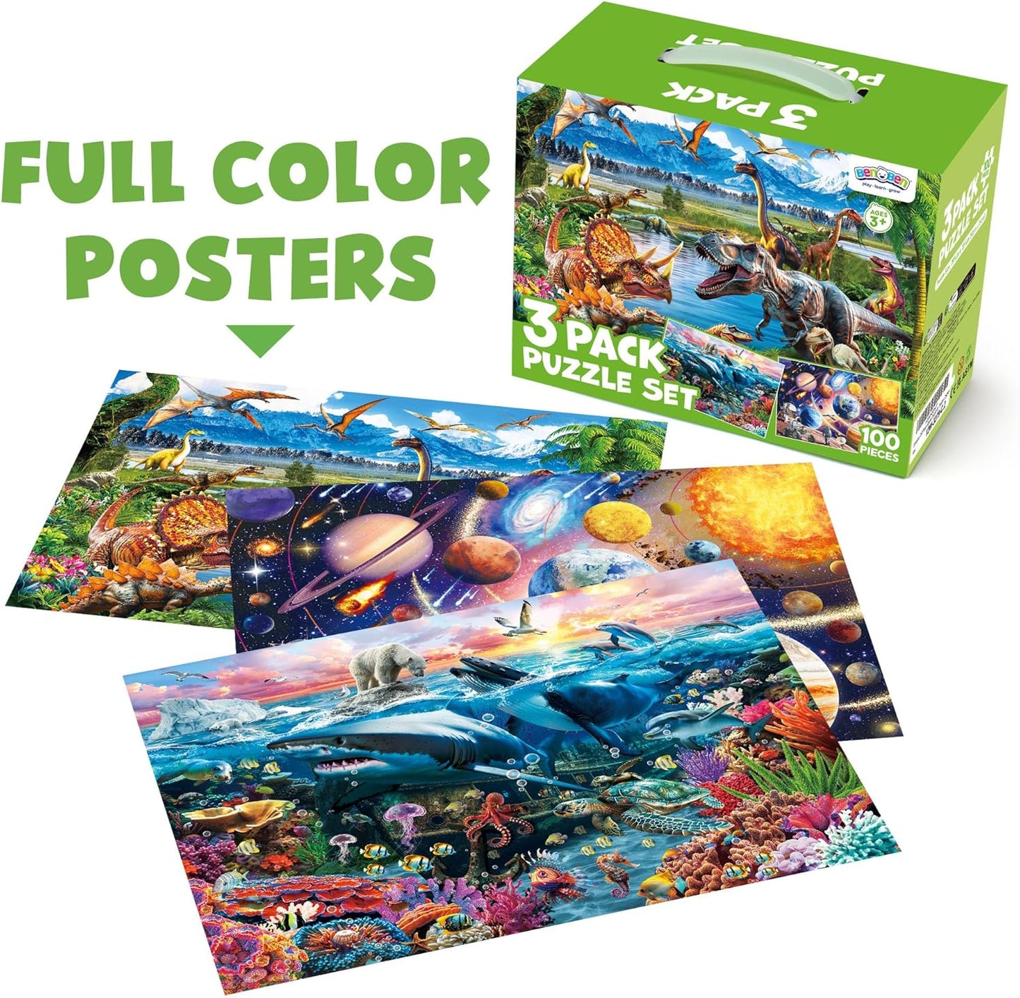 BenBen Puzzles for Kids Ages 4-6, 3 Pack 100 Pieces Large Puzzles for Toddlers 3-5 (Dinosaurs, Outer Space, Ocean Life), Learning & Educational Games for Kids 6-8, 19.75” x 13.75”