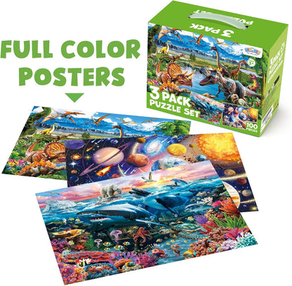 BenBen Puzzles for Kids Ages 4-6, 3 Pack 100 Pieces Large Puzzles for Toddlers 3-5 (Dinosaurs, Outer Space, Ocean Life), Learning & Educational Games for Kids 6-8, 19.75” x 13.75”