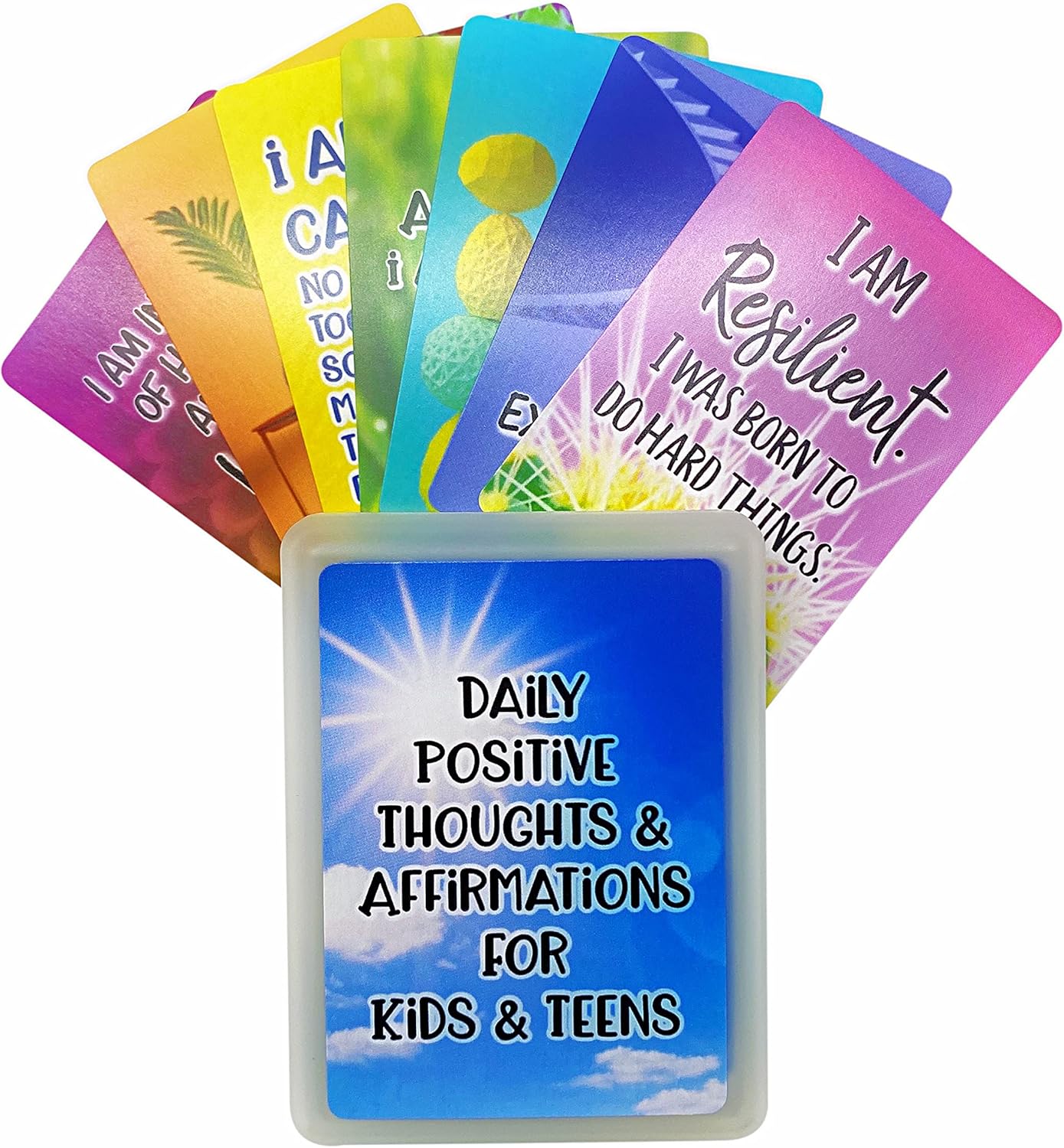 Positive Affirmation Cards for Kids and Teens - 54 Affirmations, 150+ Inspirational Questions with Storage Box - Inspire confidence and Positive attitude - Self Care Kit & Mindfulness Gift