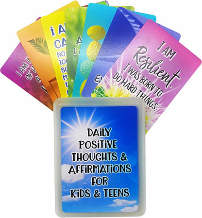 Positive Affirmation Cards for Kids and Teens - 54 Affirmations, 150+ Inspirational Questions with Storage Box - Inspire confidence and Positive attitude - Self Care Kit & Mindfulness Gift