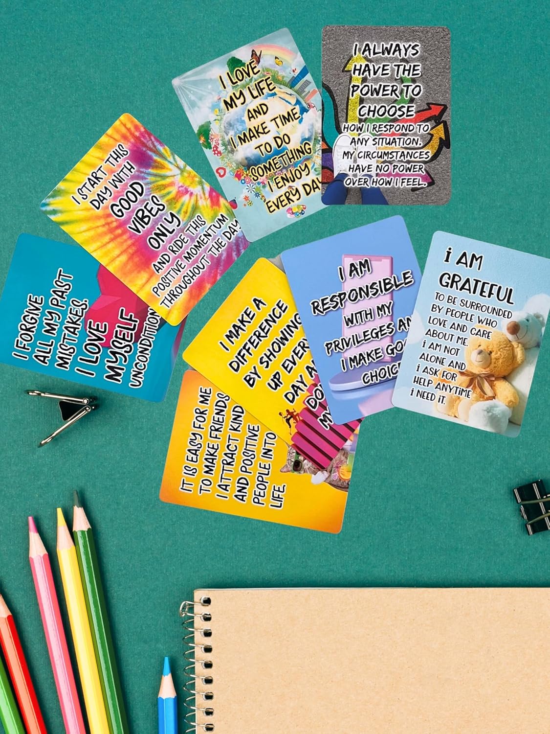 Positive Affirmation Cards for Kids and Teens - 54 Affirmations, 150+ Inspirational Questions with Storage Box - Inspire confidence and Positive attitude - Self Care Kit & Mindfulness Gift