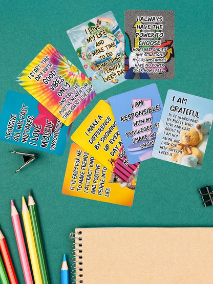 Positive Affirmation Cards for Kids and Teens - 54 Affirmations, 150+ Inspirational Questions with Storage Box - Inspire confidence and Positive attitude - Self Care Kit & Mindfulness Gift