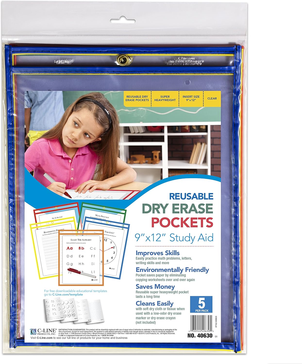 C-Line Reusable Dry Erase Pockets, 9 x 12 Inches, Assorted Neon Colors, 25 Pockets per Pack (40820)