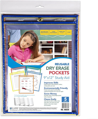 C-Line Reusable Dry Erase Pockets, 9 x 12 Inches, Assorted Neon Colors, 25 Pockets per Pack (40820)