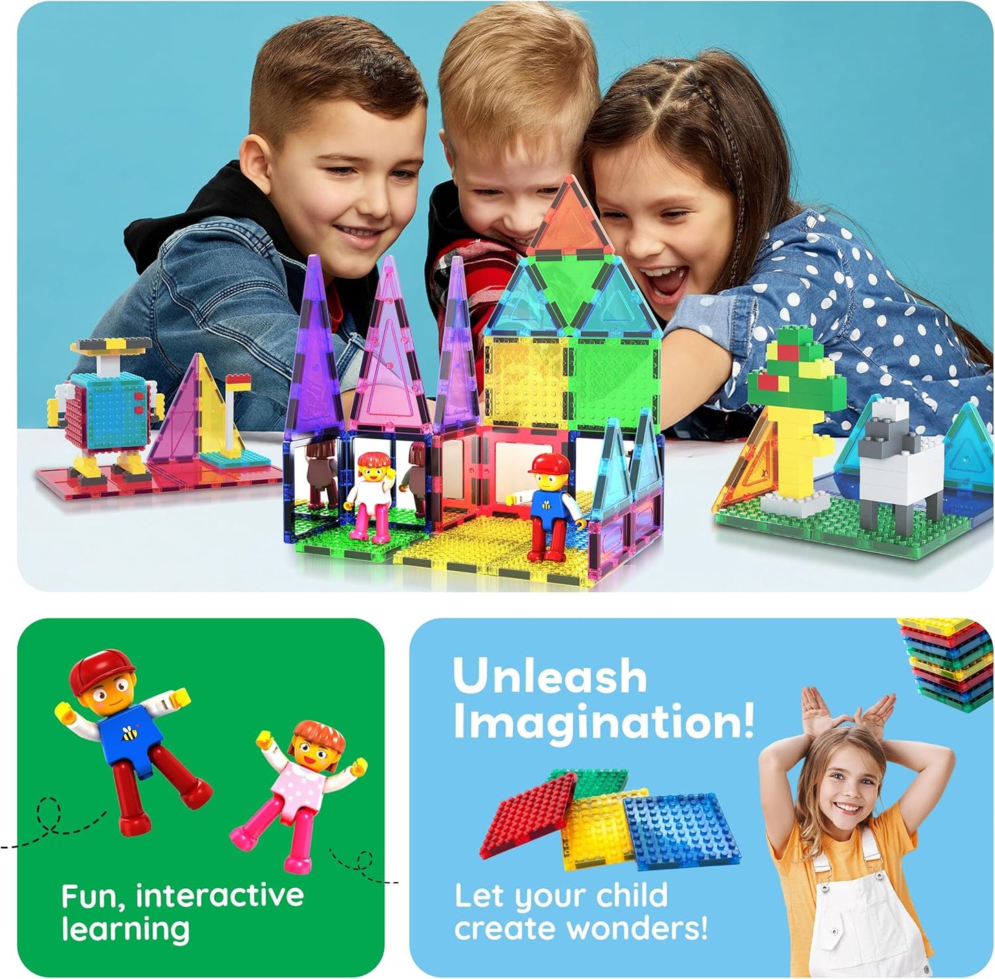 PicassoTiles 333pcs Magnetic Brick Tile and Magnetic Tile Combo Set, Action Figures included, Building Blocks STEM Toys, Educational Montessori Preschool Toddler classroom learning toys, Kids activity