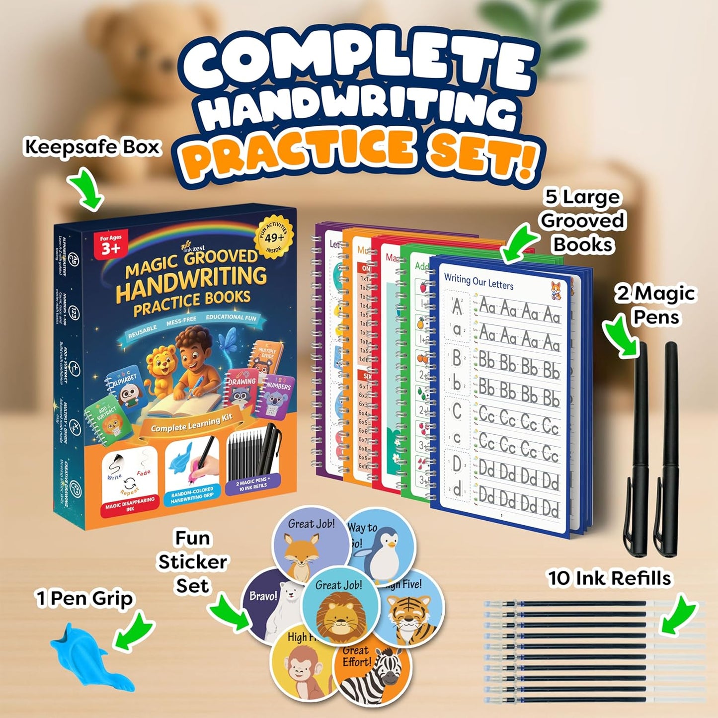 Magic Grooved Writing Practice for Kids with Safety Box – 5 Practice Books Learning Set for Alphabet, Drawing, Math – Erasable Magic Ink – Includes Long-Lasting 2 Magic Pens and 10 Refills