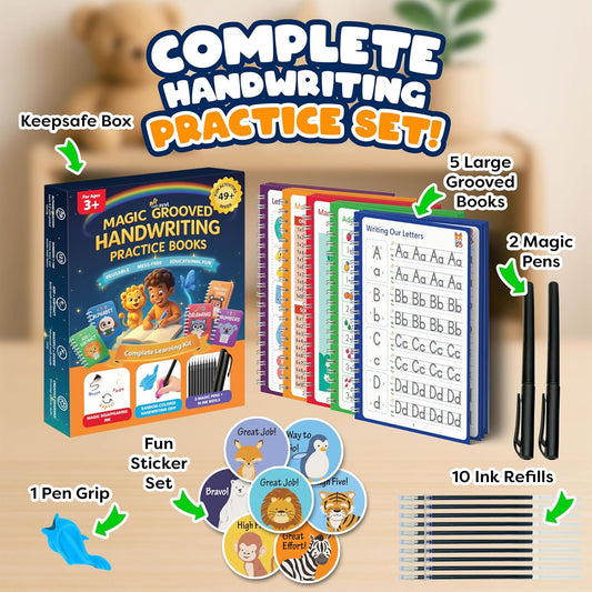 Magic Grooved Writing Practice for Kids with Safety Box – 5 Practice Books Learning Set for Alphabet, Drawing, Math – Erasable Magic Ink – Includes Long-Lasting 2 Magic Pens and 10 Refills