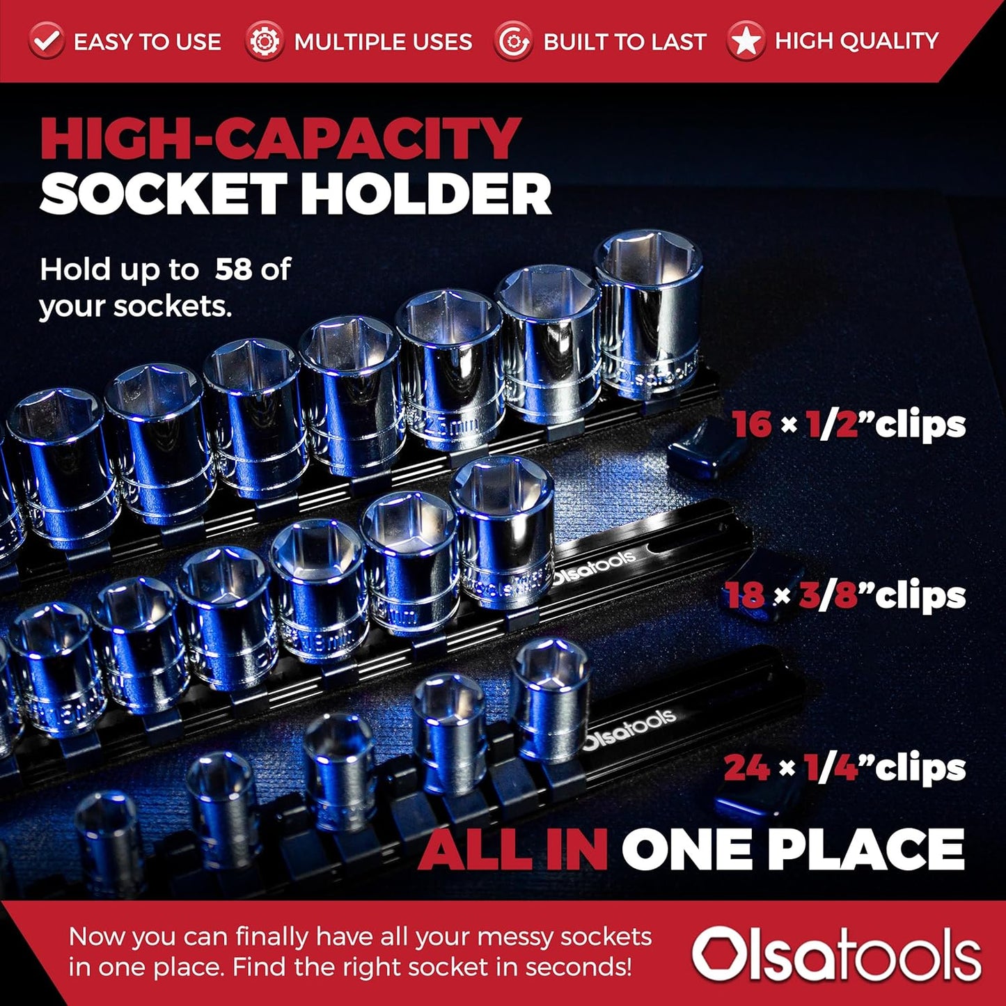 Olsa Tools Aluminum Socket Organizer, 3pc Set - Yellow Socket Holder Kit 1/2-Inch, 3/8-Inch, and 1/4-Inch Drive - Holds 58 Chrome or Impact Sockets - Professional Grade Socket Rails - Part: 1110