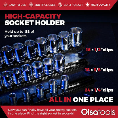 Olsa Tools Aluminum Socket Organizer, 3pc Set - Yellow Socket Holder Kit 1/2-Inch, 3/8-Inch, and 1/4-Inch Drive - Holds 58 Chrome or Impact Sockets - Professional Grade Socket Rails - Part: 1110