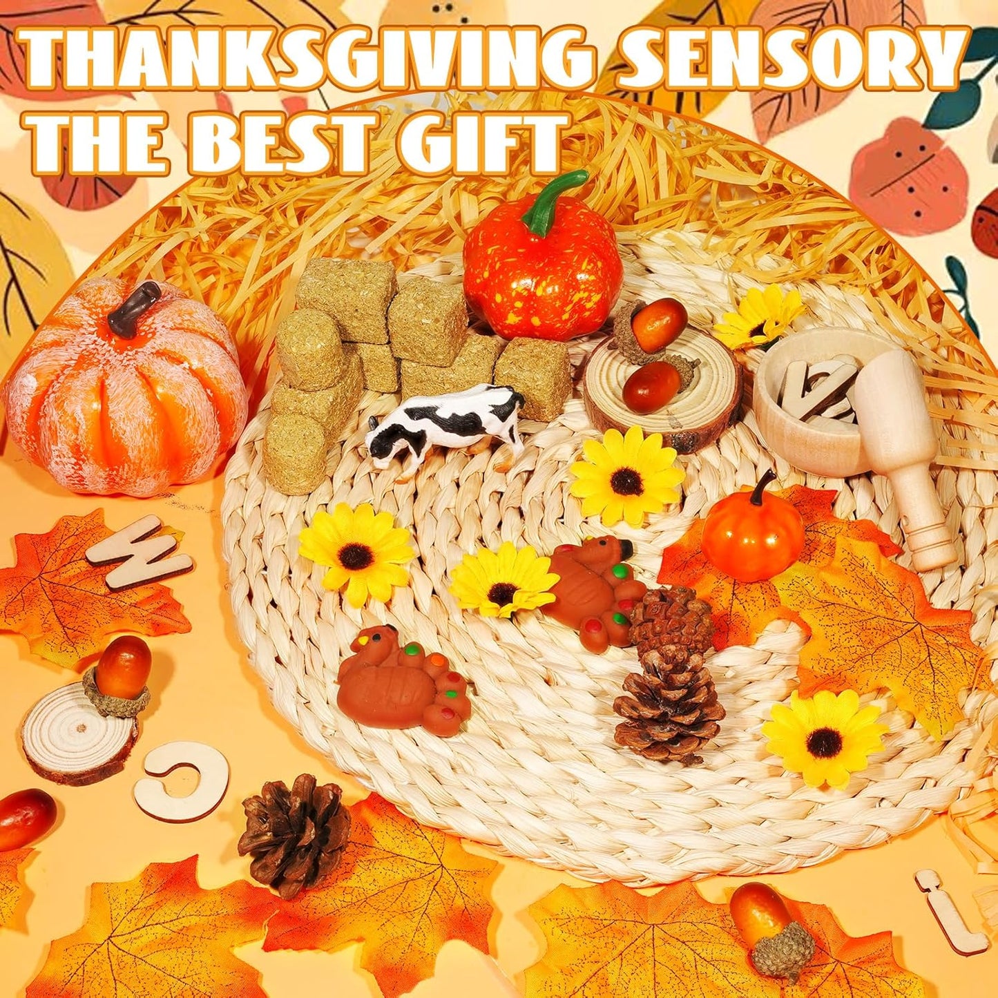 Hiawbon Thanksgiving Sensory Bin Kits, Fall Sensory Bin Fillers, Maple Leaves Pumpkins Pine Cones Sensory Box for Thanksgiving Fall Decor Birthday