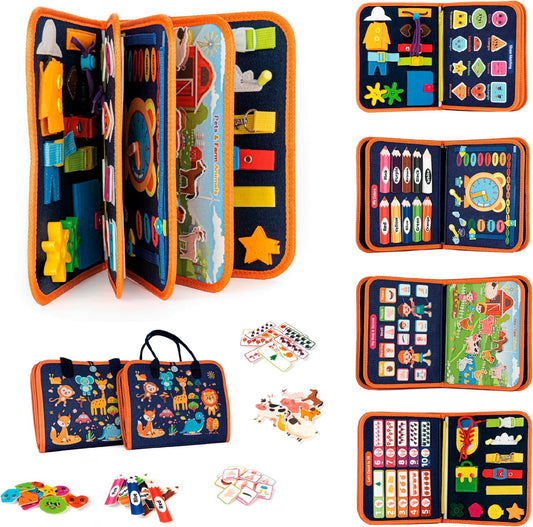 Ibenji Montessori Busy Book for Toddlers – Sensory Learning Toy with Zippers, Buckles, Letters, Numbers & Puzzles – Travel Quiet Book for Airplane & Car