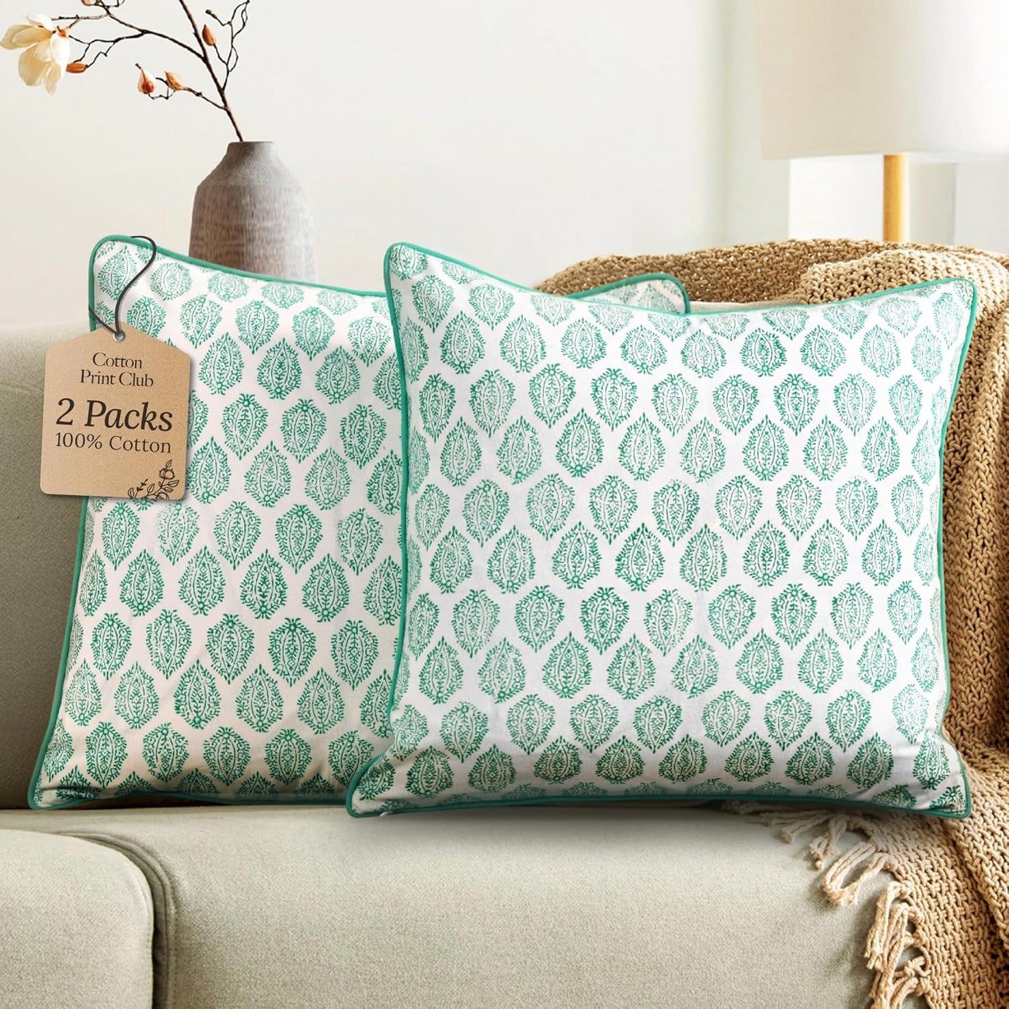 CPC 100% Cotton Throw Pillow Covers 18x18 Inch, Set of 2 Green Block Print Pattern Couch Pillow, Cute Boho Decorative Pillows for Living Room, Bedroom with Hidden Zipper- Agate Green