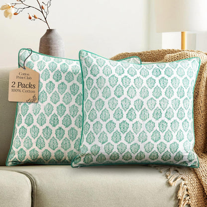 CPC 100% Cotton Throw Pillow Covers 18x18 Inch, Set of 2 Green Block Print Pattern Couch Pillow, Cute Boho Decorative Pillows for Living Room, Bedroom with Hidden Zipper- Agate Green