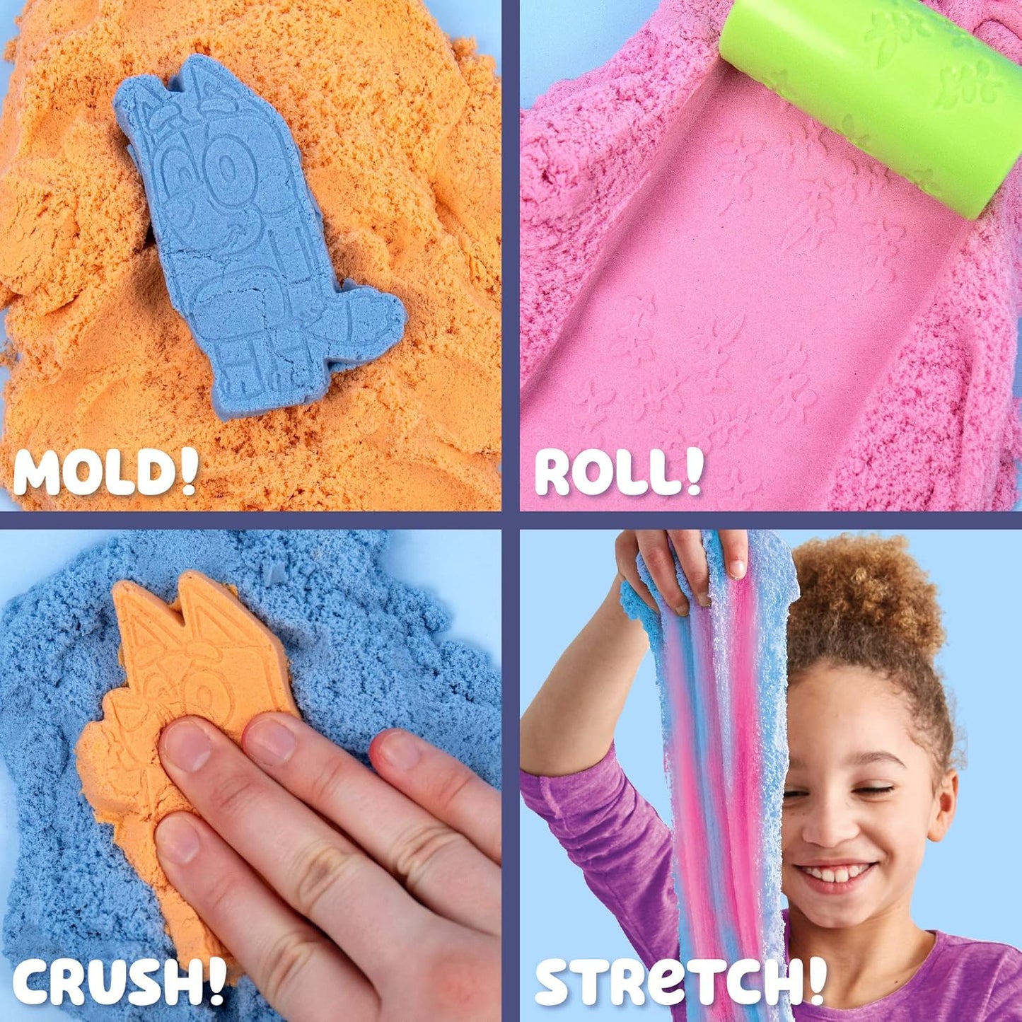 Horizon Group USA Bluey SLIMYGLOOP Slimy Sand Mold & Play Creations, 8-Piece Playset, 3 Scented Colors, Sensory Activity for Kids Ages 3, 4, 5, 6, 7, 8, Multi, Medium