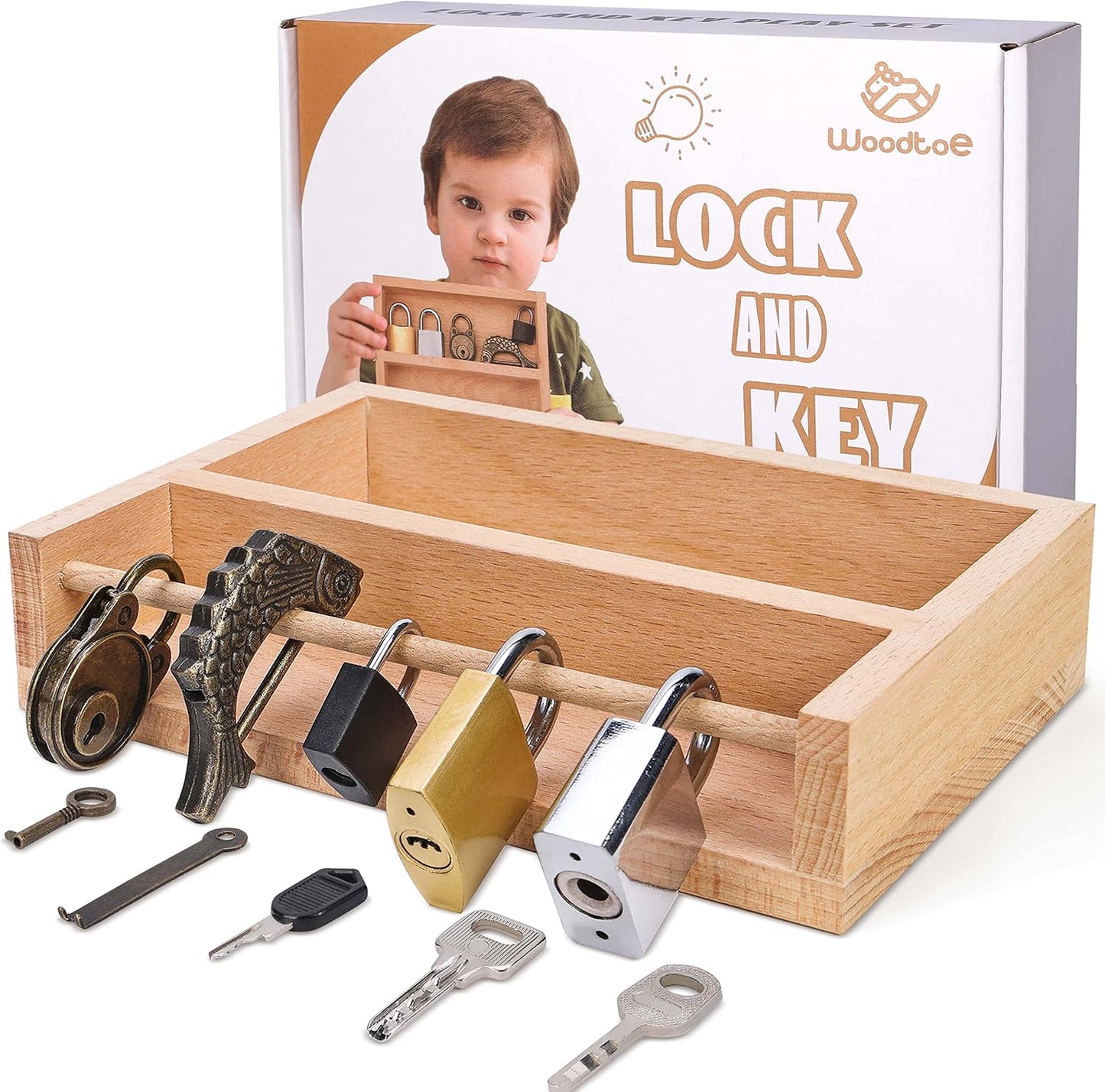 Woodtoe 8 PCS Montessori Lock and Key Toy, Montessori Toys for Toddlers 3 4 5 Year Old, Kids Tool Set, Montessori Materials Preschool Learning Toy, Fine Motor Skill, Educational Toys for Boy Girl 3-6