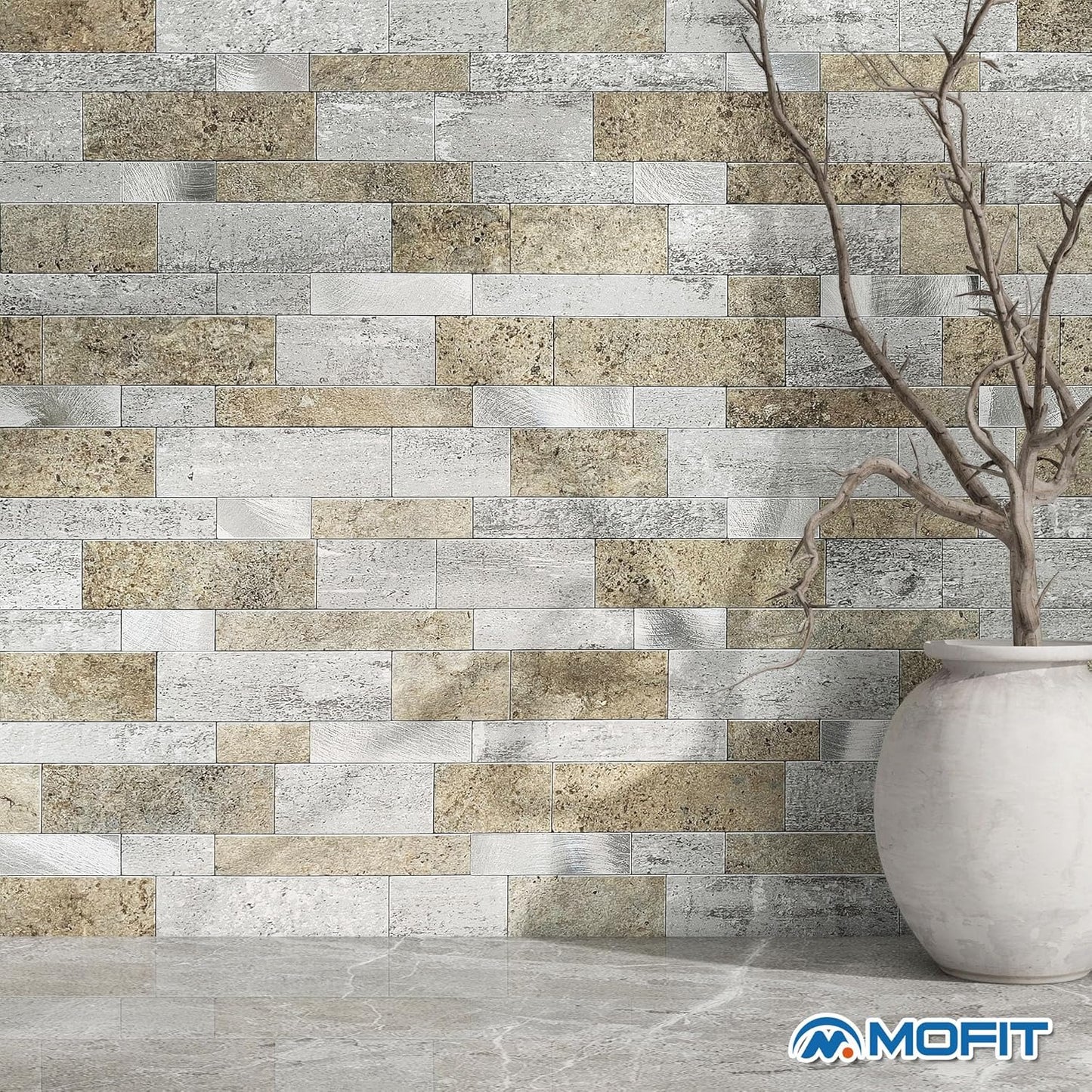 MOFIT Backsplash Tile for Kitchen Peel and Stick Stone Matte Finish,Bathroom Tiles Stickers 3D Wall Panel Linear Mosaic Marble Backsplash Waterproof(5sheets,Blue Green Gray)