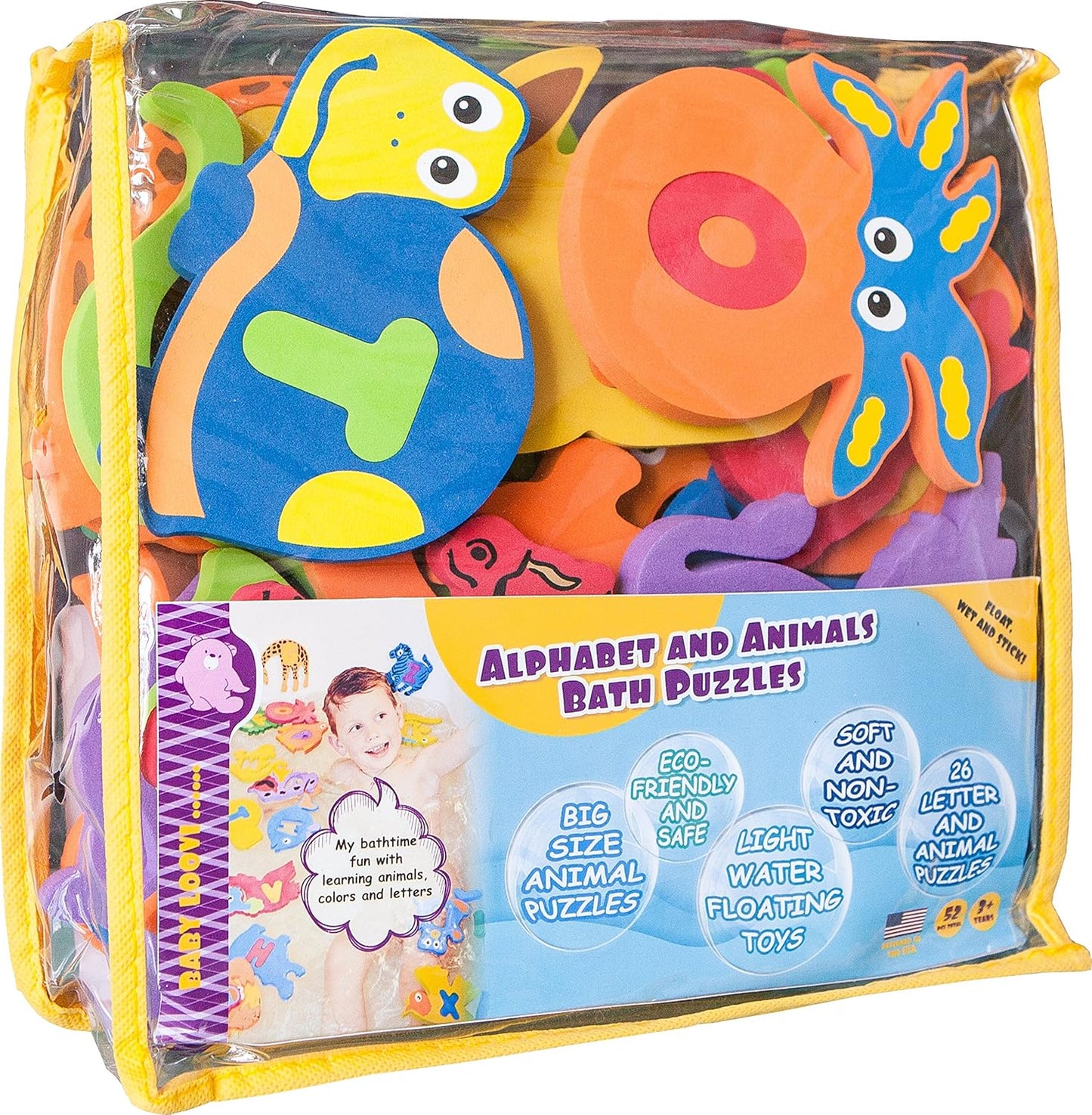 Bath Foam Alphabet Letters Toys - Non-Toxic Bathtub ABC Letters for Kids Toddlers - Premium Educational Floating Animals Puzzles with Toy Organizer for Baby Boys Girls - Set of 52 Pcs