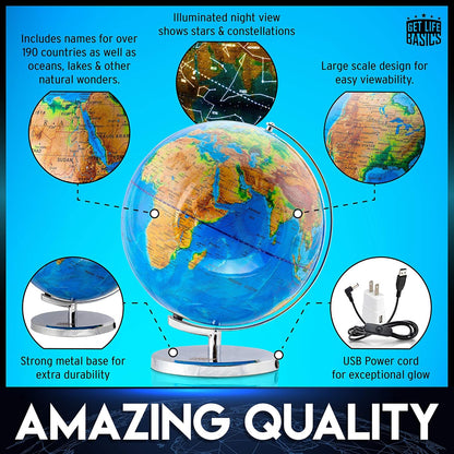 World Globe with Illuminated Constellations – 13” Light Up Globe For Kids & Adults – Gist - Compass Included Makes Great Educational Toys, Office Supplies, Teacher Desk Décor, More by Get Life Basics
