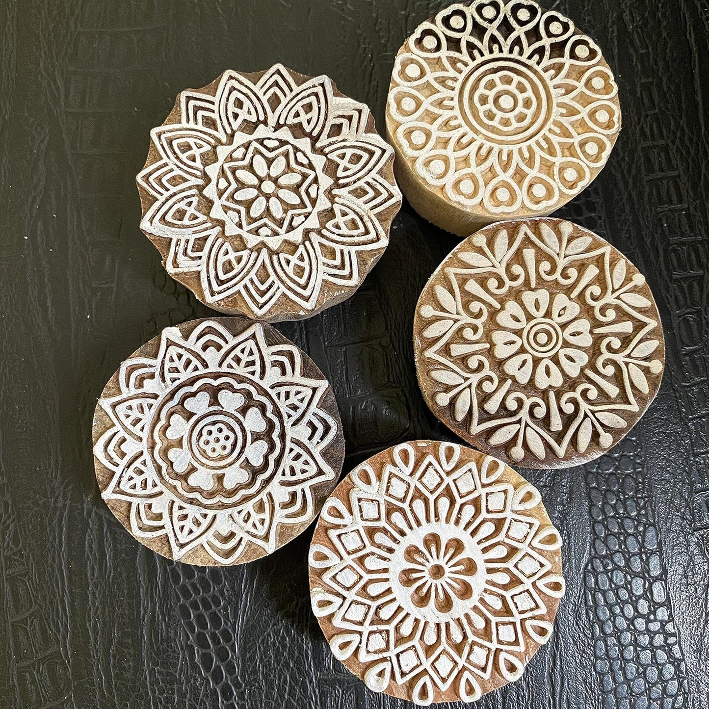AnNafi® Traditional Mehendi Pattern Mandala and Round Wood Block Stamps (Set of 5) | Round Wooden Printing Block Stamp - DIY Henna Fabric Textile Paper Clay Pottery Block Printing Stamp