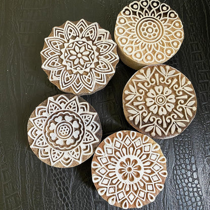 AnNafi® Traditional Mehendi Pattern Mandala and Round Wood Block Stamps (Set of 5) | Round Wooden Printing Block Stamp - DIY Henna Fabric Textile Paper Clay Pottery Block Printing Stamp