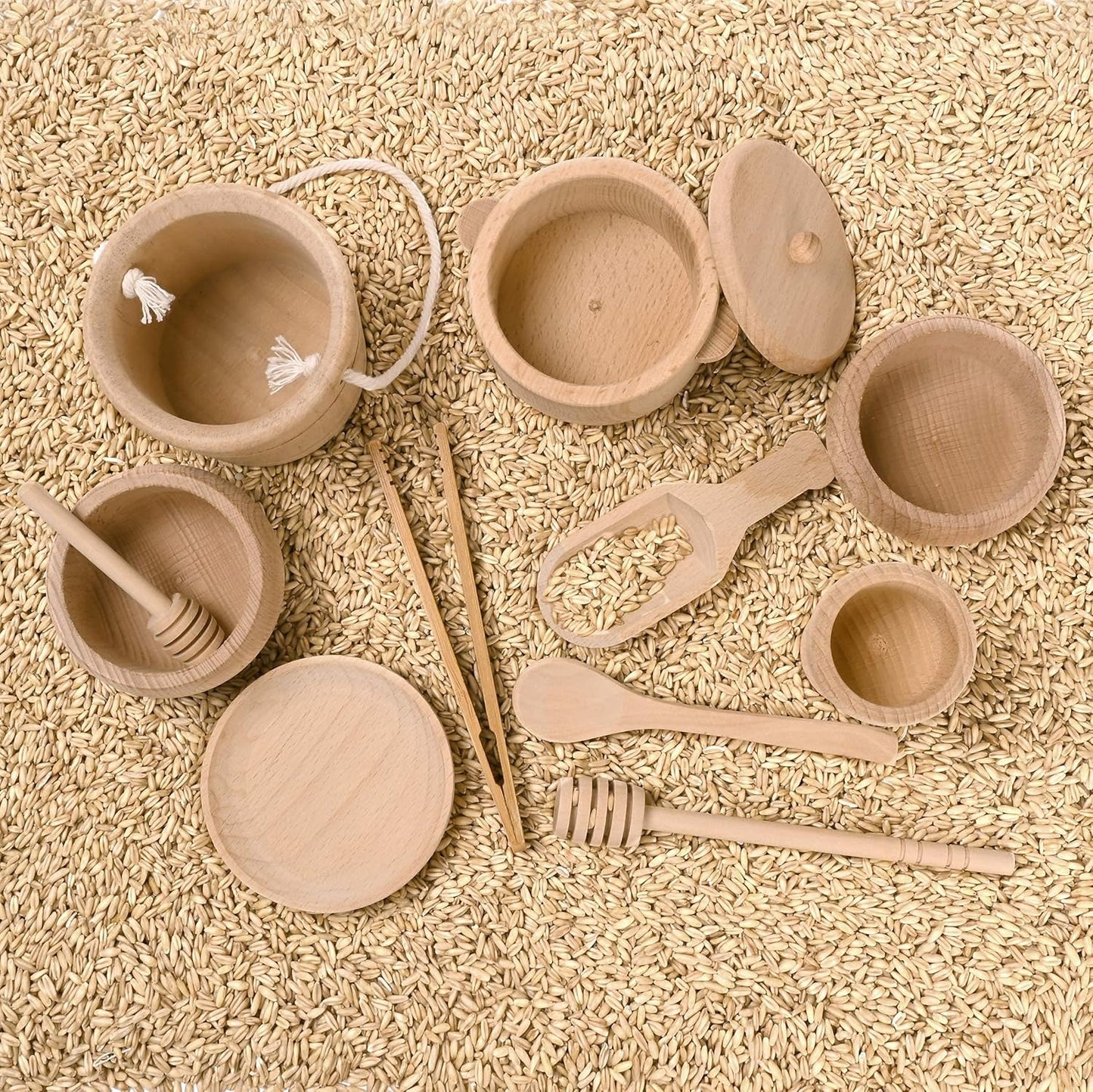 Montessori Sensory Bin Toys for 1 Year Old Toddlers, 11pcs Wooden Waldorf Toys - Wooden Scoops and Tongs for Transfer Work and Fine Motor Skills Development