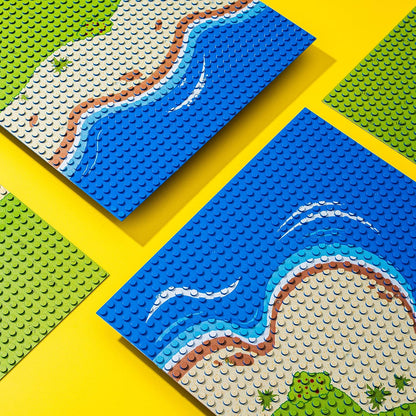 Apostrophe Games Island Building Block Base Plates Compatible with All Major Brands - 3 Pack Beach - 2 Straight & 1 Center Grass add-on to Expand Your Island - 10-1/16" x 10-1/16"Inches