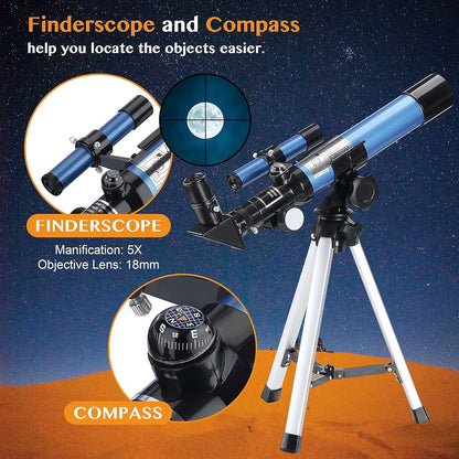 AOMEKIE 40/400 Portable Telescopes with Tabletop Tripod 2 Eyepieces for Kids and Astronomy Beginners with Finderscope and Compass,Space,Gifts(32, x)