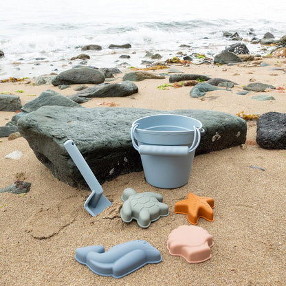 BLUE GINKGO Silicone Beach Toys - Modern Baby | Travel Friendly Toys Set | Silicone Bucket, Shovel, 4 Sand Molds, Beach Bag | Sand Toys for Toddlers, Kids - Yellow