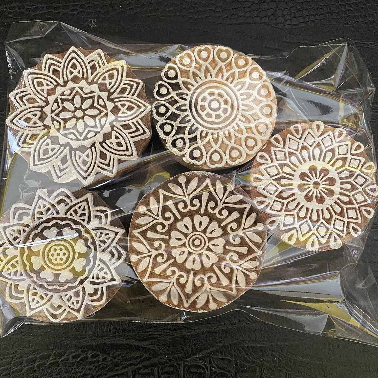 AnNafi® Traditional Mehendi Pattern Mandala and Round Wood Block Stamps (Set of 5) | Round Wooden Printing Block Stamp - DIY Henna Fabric Textile Paper Clay Pottery Block Printing Stamp