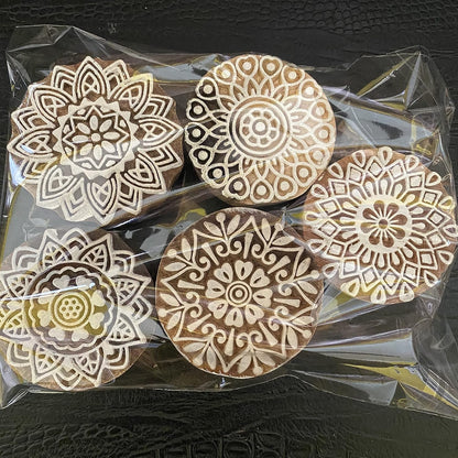 AnNafi® Traditional Mehendi Pattern Mandala and Round Wood Block Stamps (Set of 5) | Round Wooden Printing Block Stamp - DIY Henna Fabric Textile Paper Clay Pottery Block Printing Stamp