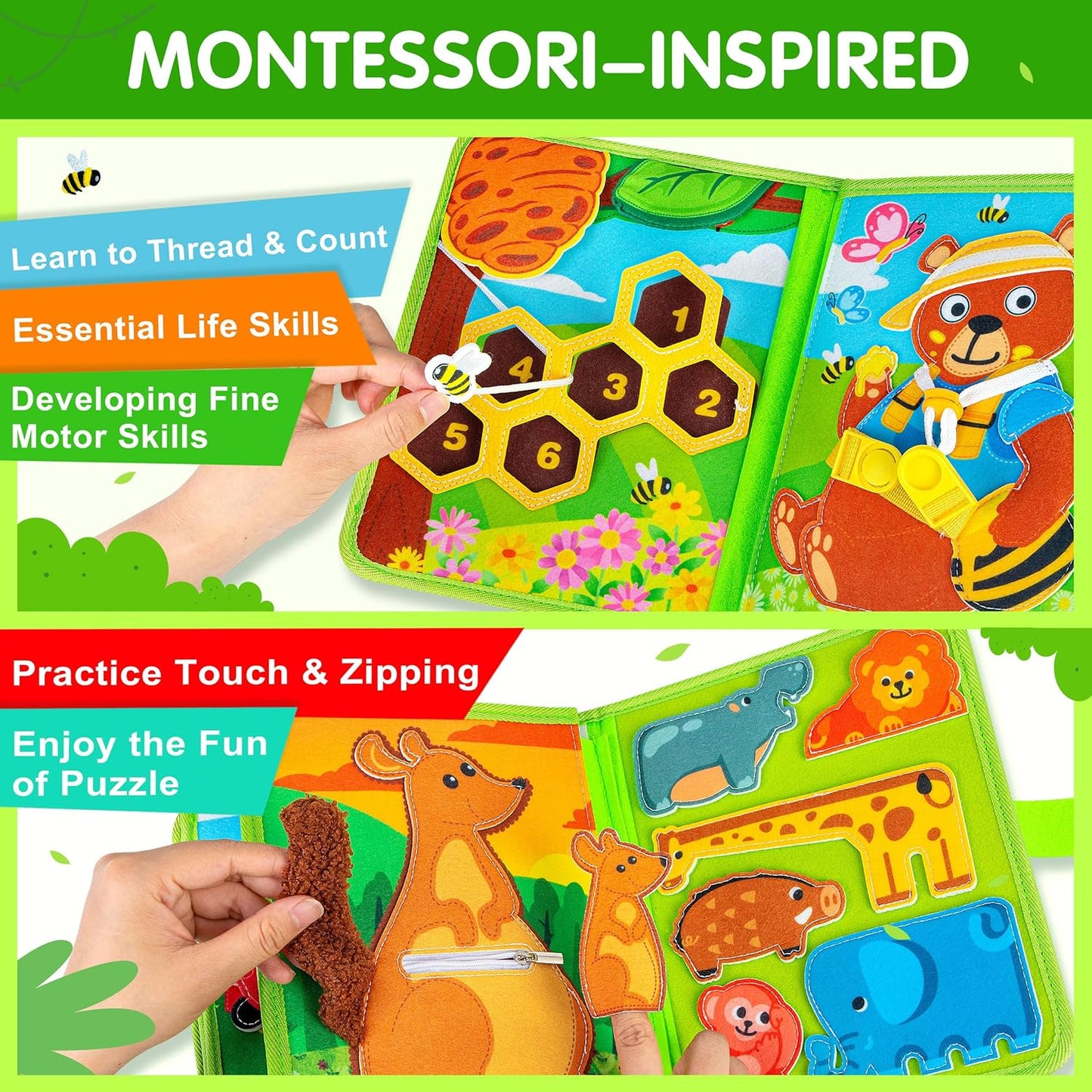 Quanquer Montessori Busy Book for Toddlers 1-3 - Farm Animal Sensory Busy Board for 1 Year Old Boys and Girls, Educational Travel Toy for Airplane Car Activities, Birthday Christmas Toddler Gifts