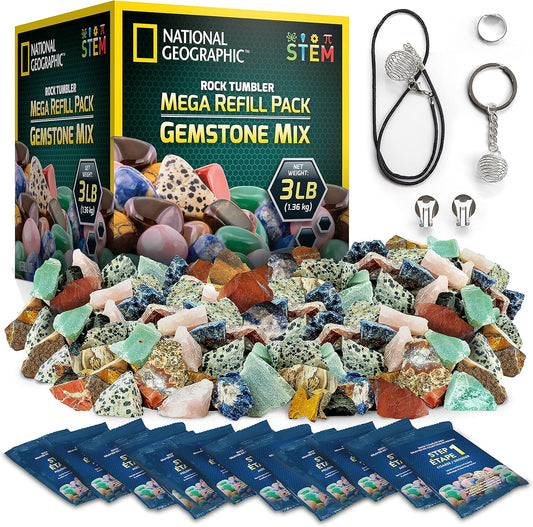 NATIONAL GEOGRAPHIC Rock Refill – Mega Madagascar Pack, 3 lb of Gemstones Including Rose Quartz, Jasper, Labradorite, & More, Tumbler Grit & Jewelry Settings