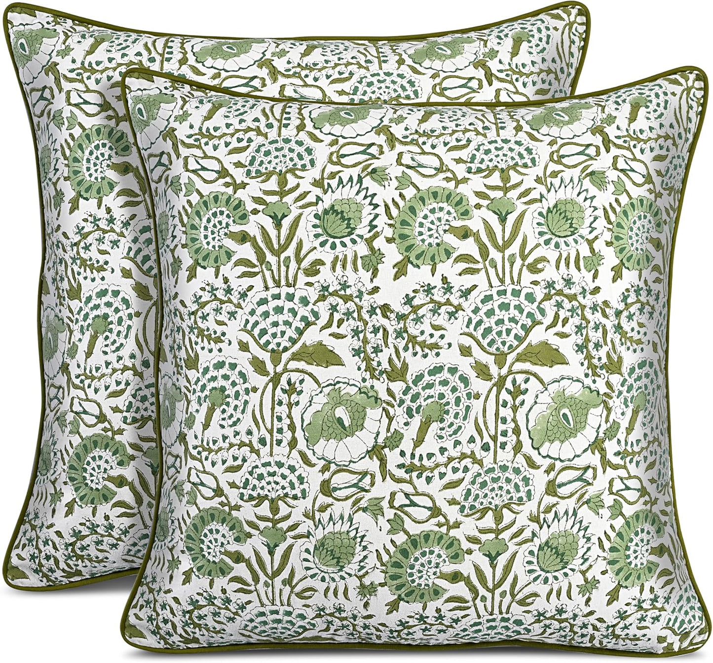 CPC 100% Cotton Throw Pillow Covers 18x18 Inch, Set of 2 Green Block Print Pattern Couch Pillow, Cute Boho Decorative Pillows for Living Room, Bedroom with Hidden Zipper- Agate Green