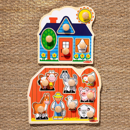 Melissa & Doug Wooden Jumbo Knob Puzzle 2-Pack for Baby and Toddler Boys and Girls – Large Farm, First Shapes