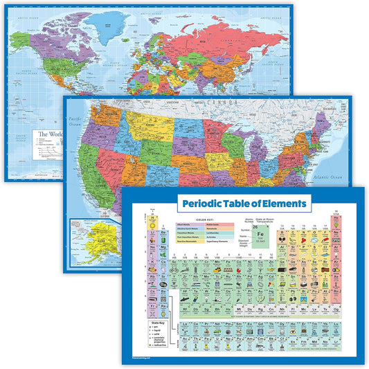 3 Pack - World & USA Map Poster Set + Periodic Table of the Elements Chart for Kids (LAMINATED, 18" x 29")