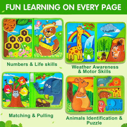Quanquer Montessori Busy Book for Toddlers 1-3 - Farm Animal Sensory Busy Board for 1 Year Old Boys and Girls, Educational Travel Toy for Airplane Car Activities, Birthday Christmas Toddler Gifts