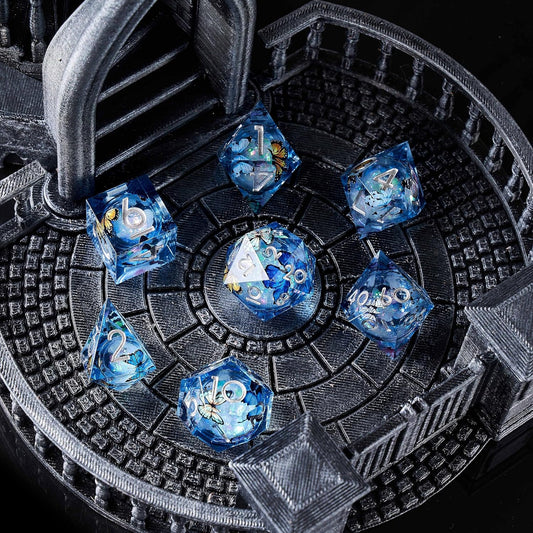 Liquid Core DND Dice Set, 7pcs Sharp Edge Dice for Role Playing Dungeons and Dragons Ttrpg with Gift Box, Handmade Resin D&D Dice RPG Role Playing Games Dice Set(Blue Gold)