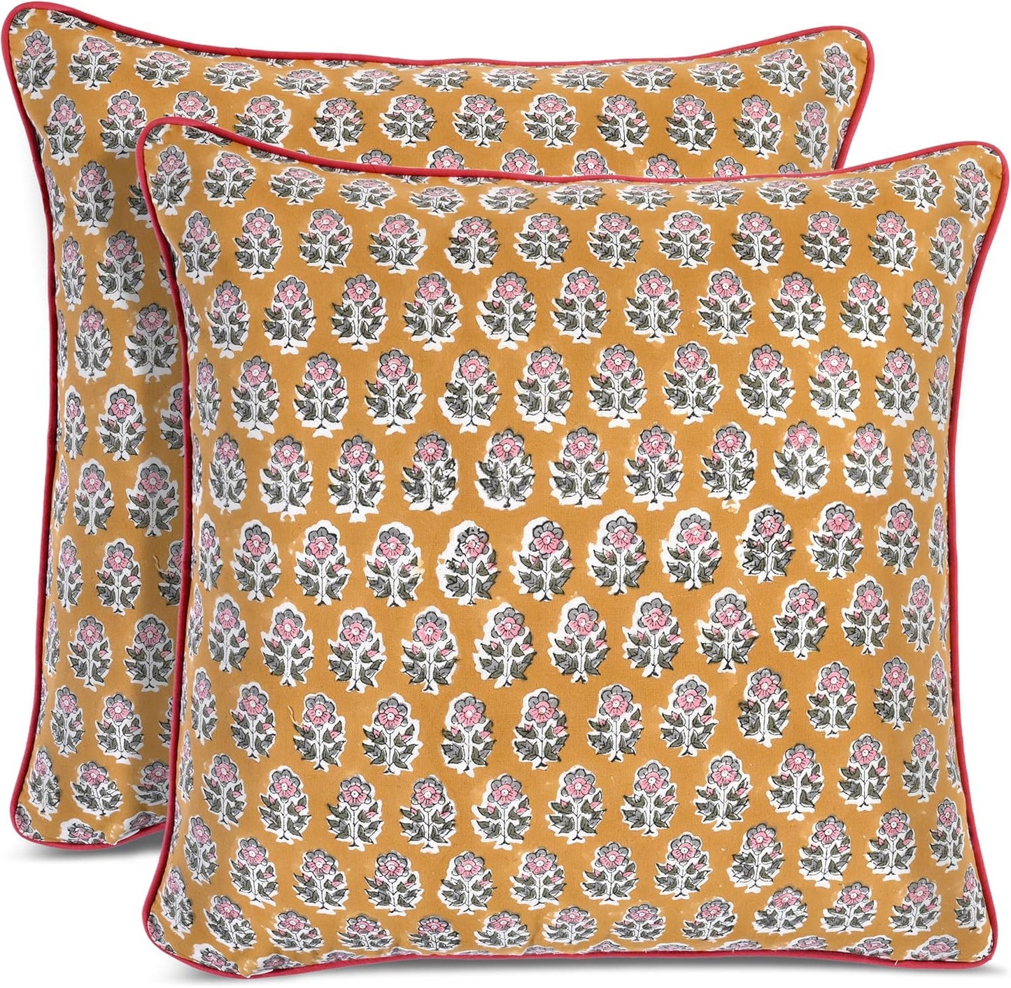 CPC 100% Cotton Throw Pillow Covers 18x18 Inch, Set of 2 Green Block Print Pattern Couch Pillow, Cute Boho Decorative Pillows for Living Room, Bedroom with Hidden Zipper- Agate Green