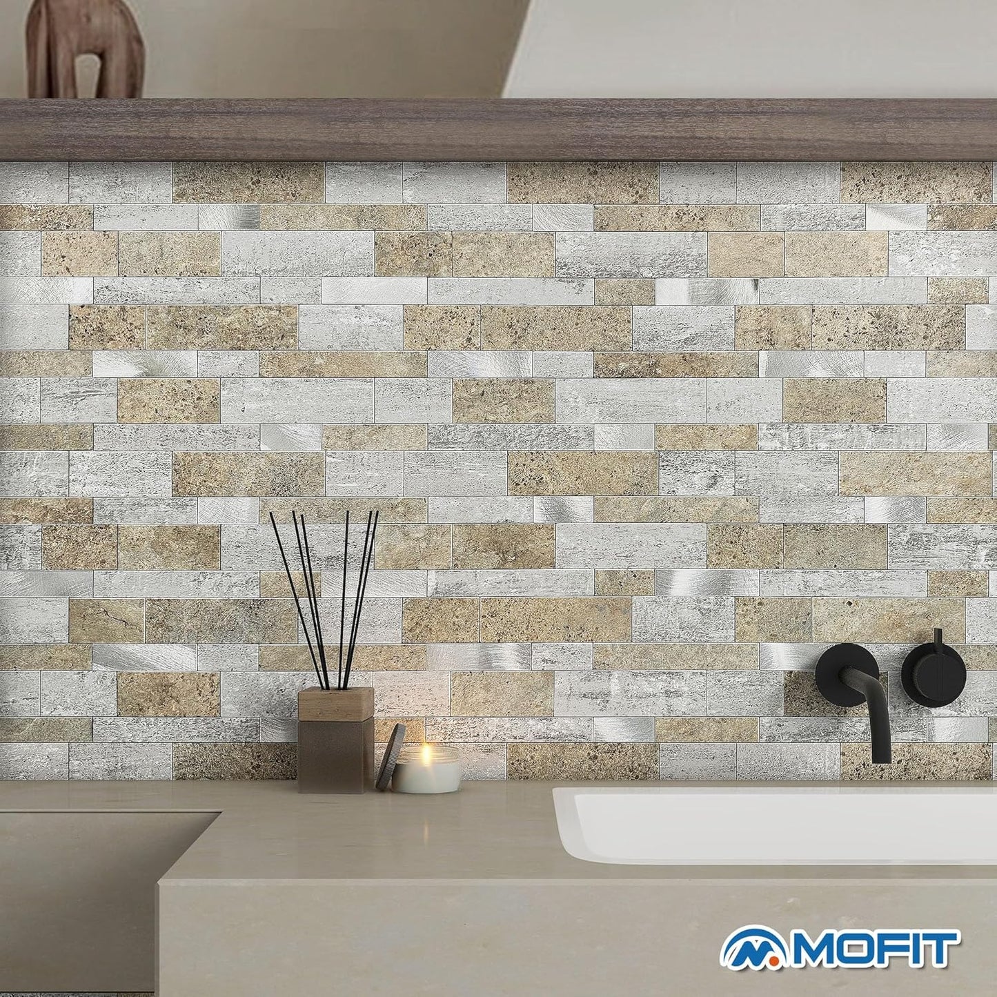MOFIT Backsplash Tile for Kitchen Peel and Stick Stone Matte Finish,Bathroom Tiles Stickers 3D Wall Panel Linear Mosaic Marble Backsplash Waterproof(5sheets,Blue Green Gray)